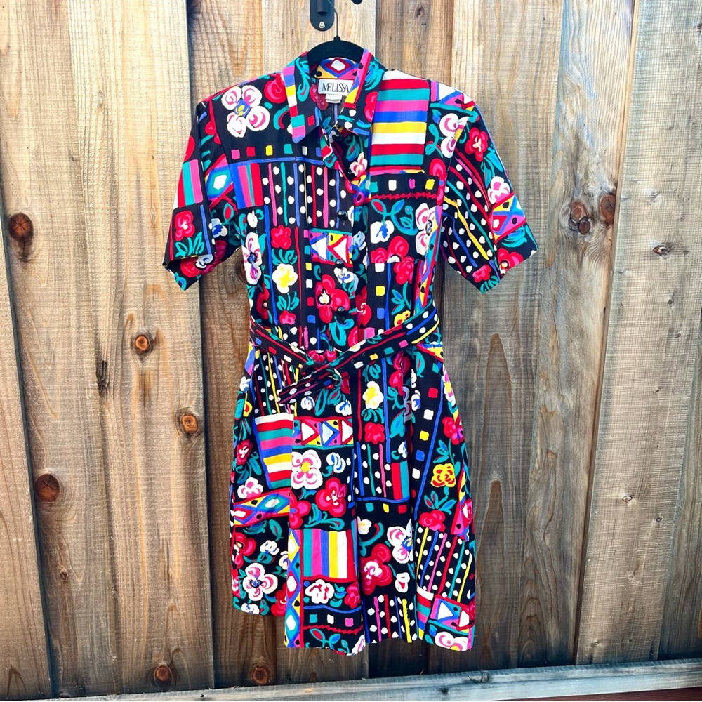 Melissa Vintage Multicolor Patterned Belted Shorts Romper Size 6 80s 90s